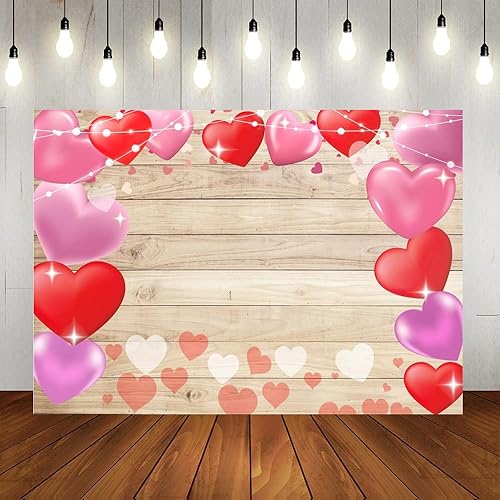 Miniatura 5 de Masxkle Telón de fondo de madera para el día de San Valentín, dulce corazón rojo y rosa, para fotografía, globos coloridos, despedida de soltera,