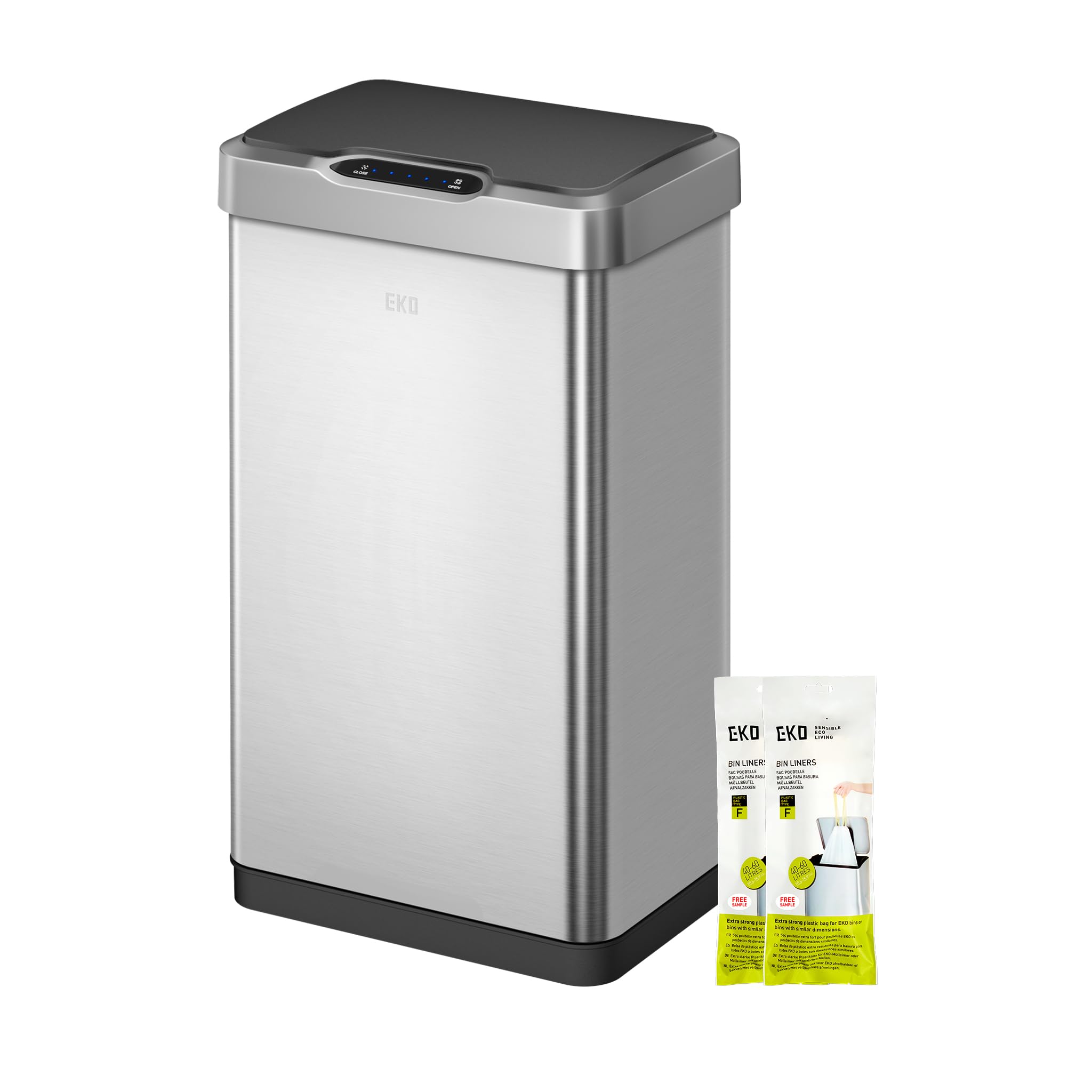 EKO Mirage-T 50L Mülleimer mit Sensor, Automatischer Abfalleimer für die Küche, Rechteckiger Bewegungssensor Mülleimer, Sanft Schließend mit Deckel, Fingerabdruckresistente, Gebürsteter Edelstahl