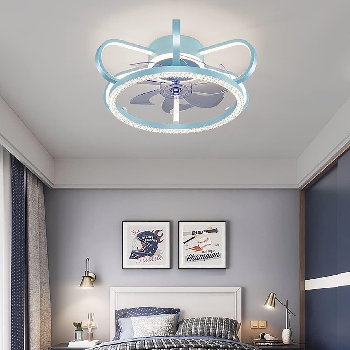 HXYSXHJUO Ceiling Fan Light with Lights Remote Lamp Led Dimmable 3 Speed Pendant Silent Home Decoration(Color:Blue)
