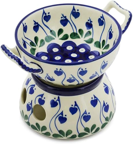 Juego de fondue de cerámica polaca, 10 onzas, corazón sangrante pavo real