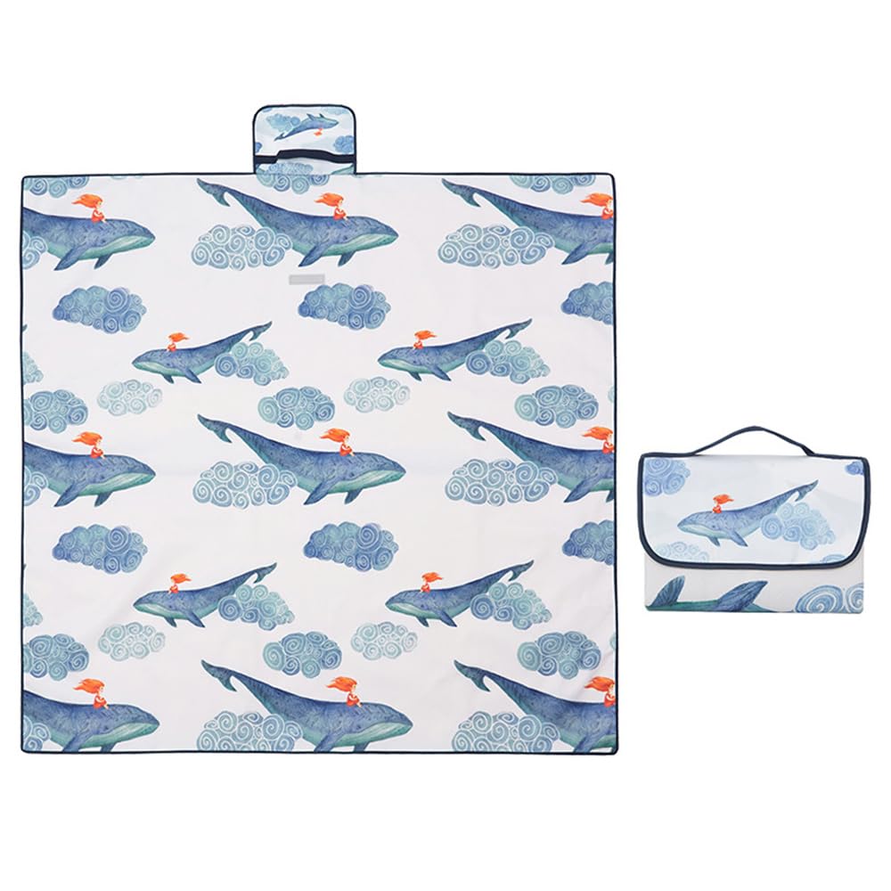 Treer Splash Mat for Under Highchair with Handle, 51" Baby Splat Mat Waterproof Anti Slip High Chair Spill Mat, Easy Clean Washable Weaning Mess Play Mat Tablecloth Picnic Mat (Blue Whale)