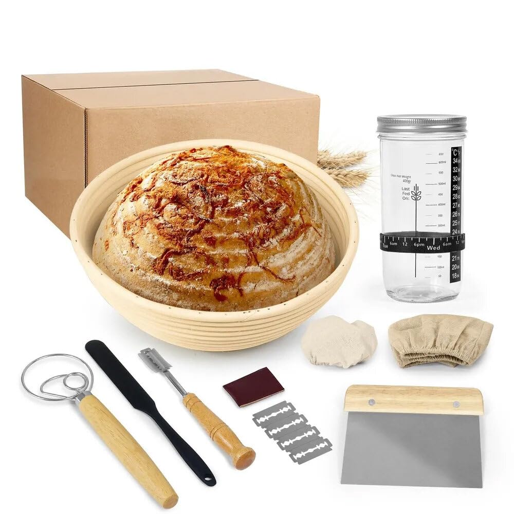 Tarro de masa madre de vidrio para iniciación de masa madre, tarro de masa madre de 28 onzas de boca ancha con tapa de bambú, cuchara de madera, cubierta de tela, banda de alimentación, kit ideal de
