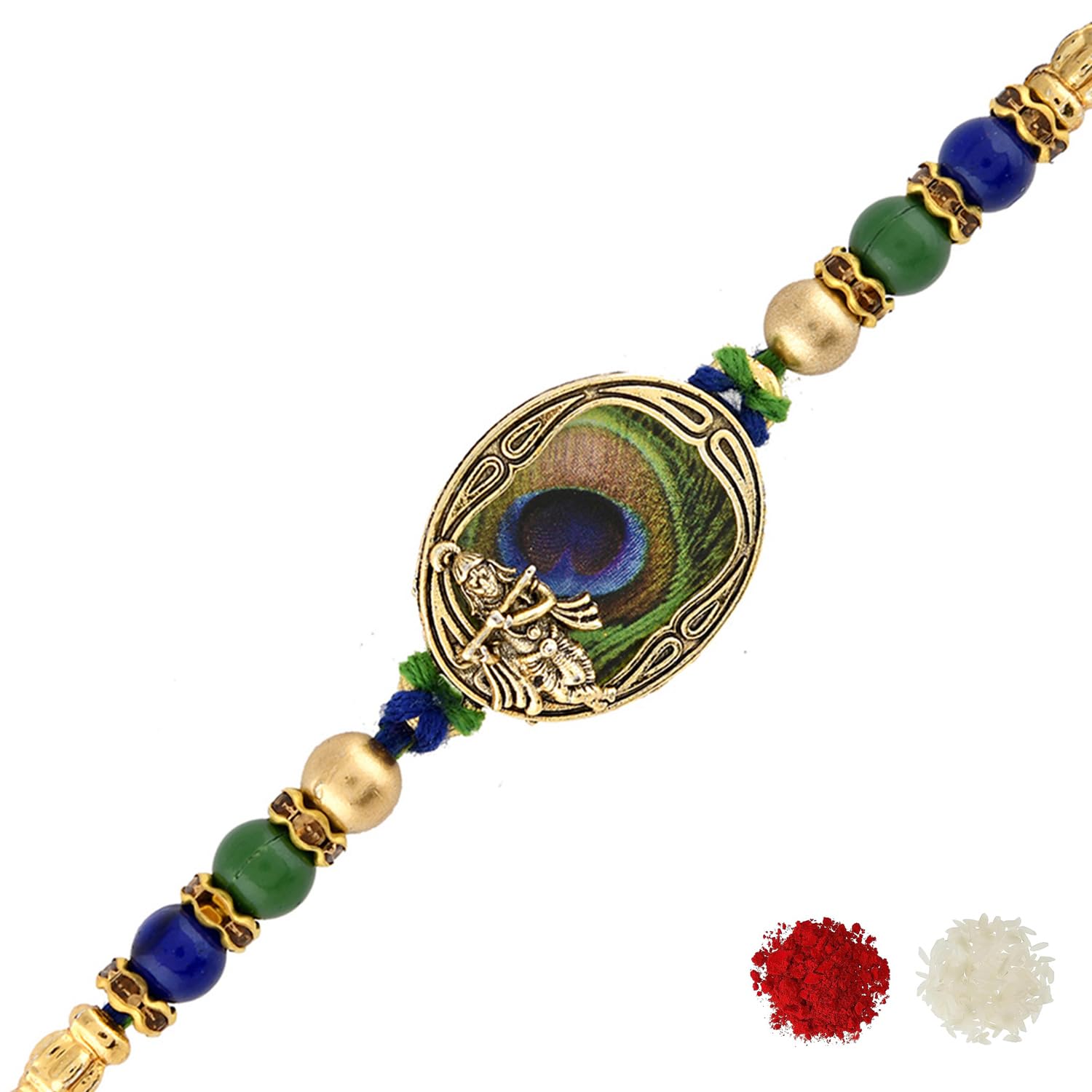 Peacock Feather Beaded Single Rakhi with Roli Chawal Pack -Rakhi For Brother-image-11