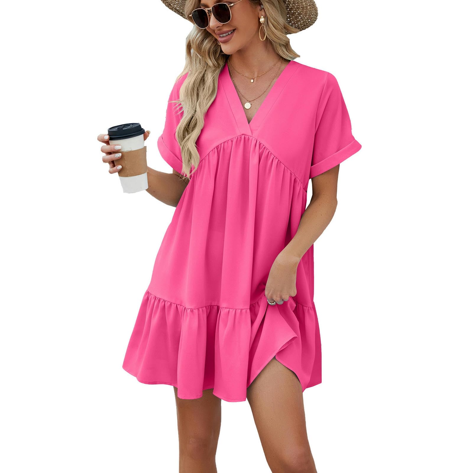 Abito Estivo Abiti per Le Donne V Neck Abito High Piegheggiato Al Ginocchio Abiti Sciolti Swing Abiti Leggeri Estate, HUTALIM, Rosso rosa, XL