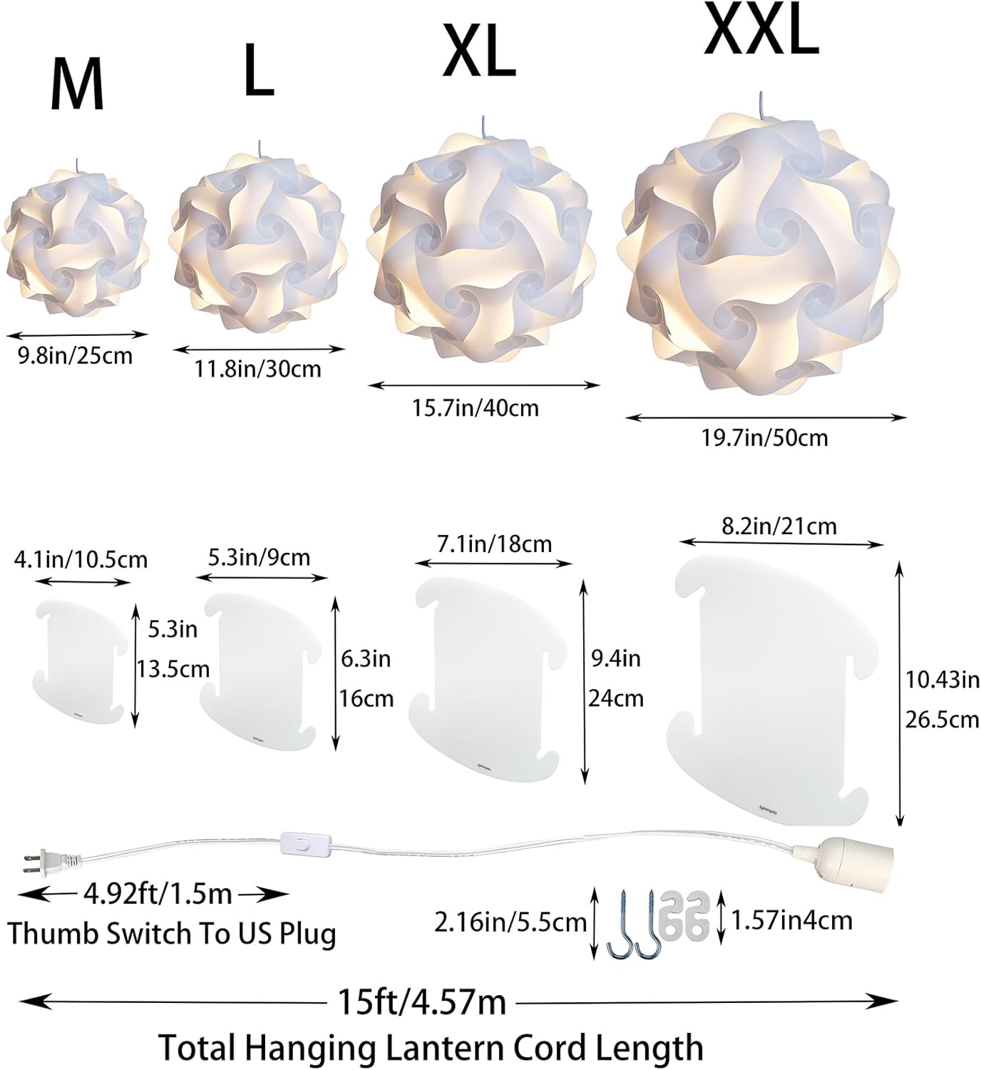 DIY IQ Jigsaw Puzzle Lampshade Ceiling Pendant Lamp Shade Kit with 15 Feet Hanging Light Cord (White, XXL-20 inch/50CM)