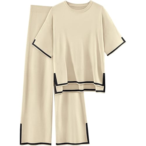 LILLUSORY Womens Two Piece Outfits Short Sleeve Knit Sweater Top Wide Leg Pants Lounge Sets