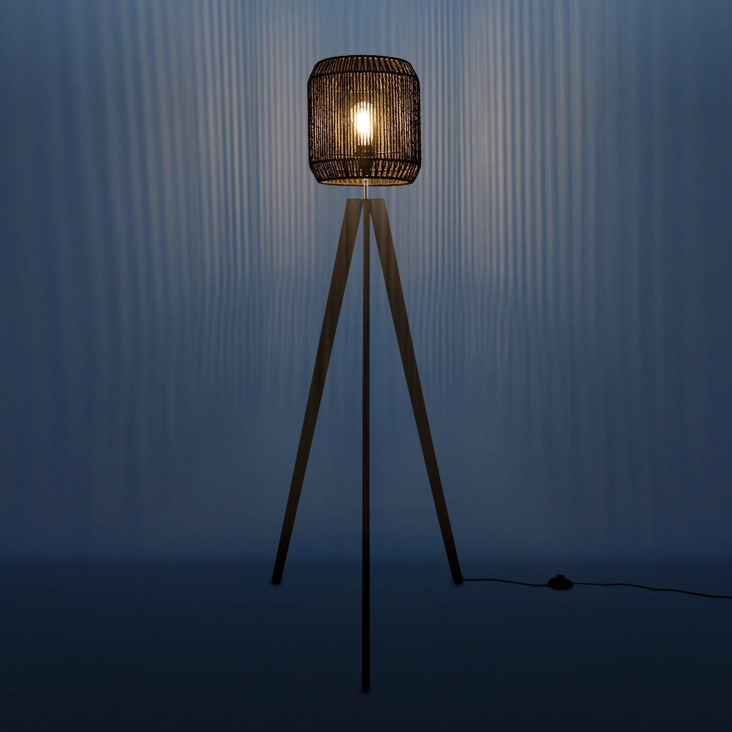 Paco Home Stehlampe Modern Wohnzimmer Schlafzimmer Rattan Optik Boho Korb Stehleuchte E27, Lampenfuß: Stehleuchte Schwarz, Lampenschirm: Schwarz (Ø28 cm)