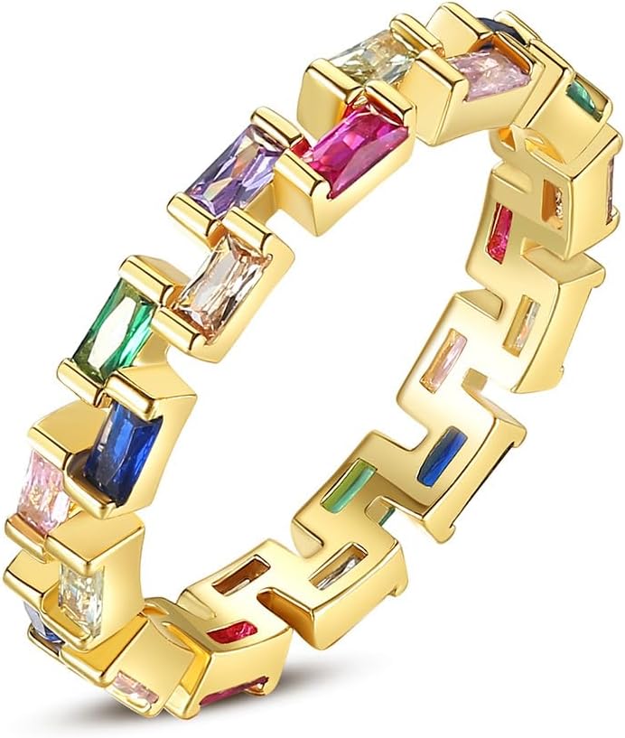 Emerald Cut Rainbow Moissanite Eternity Ring, 14K Gold Wedding Band for Women, Unique Gift