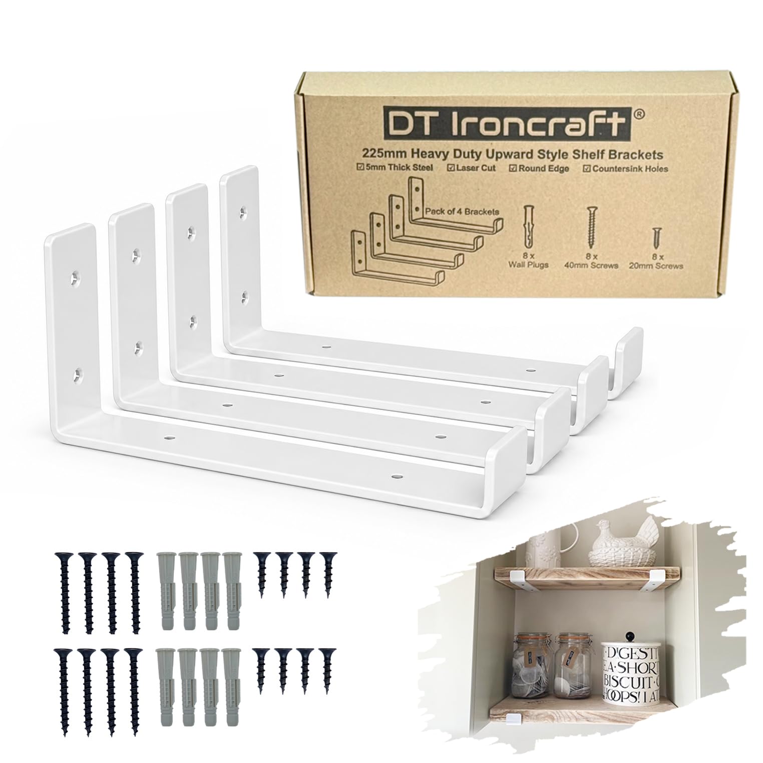 Shelf Brackets for Scaffold Board Shelving - Heavy Duty Durable Industrial Style 9 inch Shelf Bracket with Lip - Made from 5mm Steel by DT Ironcraft - 225x40mm (White, Lip UP 4 pcs)