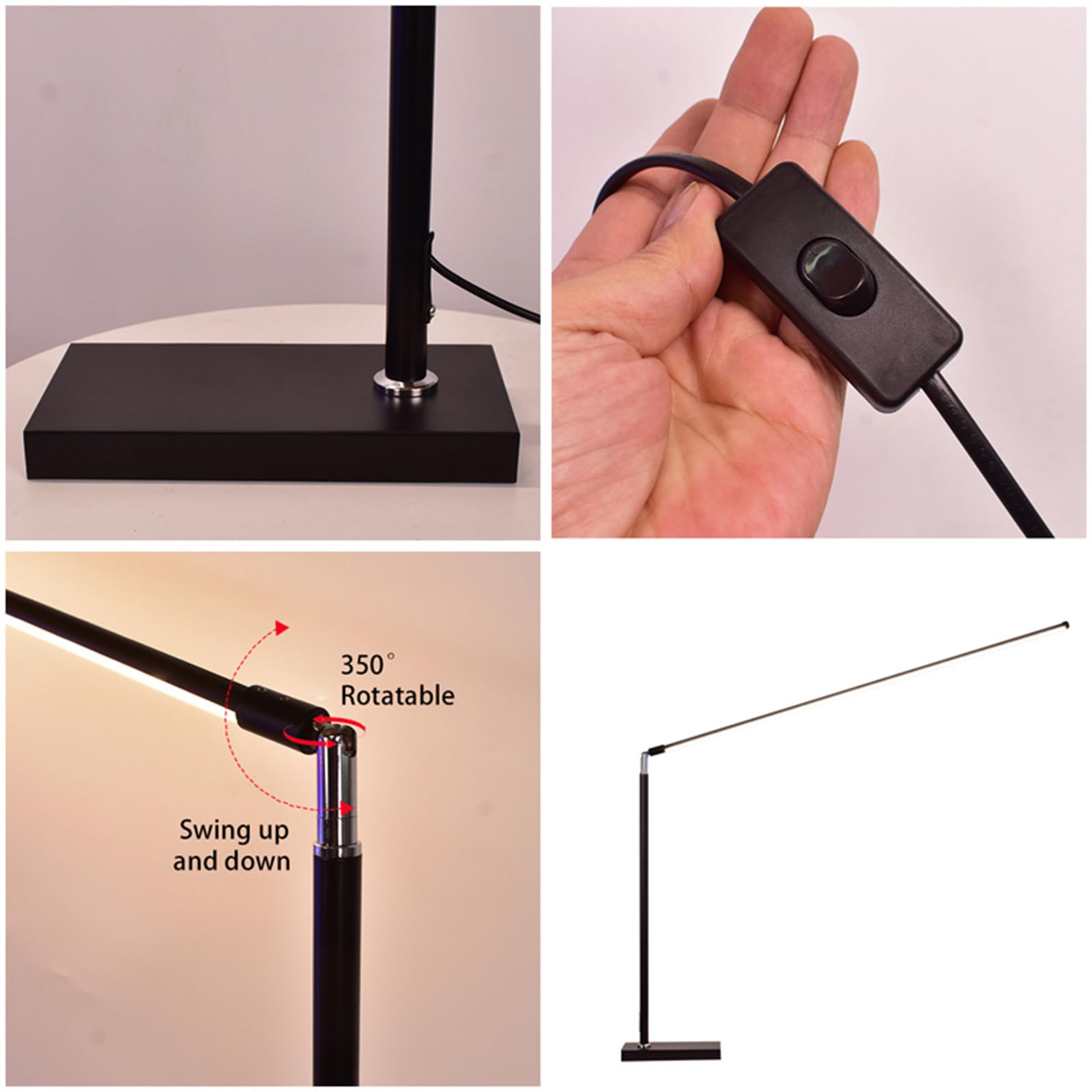 LED Schreibtischlampe Dimmbar mit Fernbedienung Tischlampe Einziehbar Metall mit Stecker & Kabel Schalter Leselampe Moderne 350° Drehbar Langarm Stufenlos Dimmbar Tischbeleuchtung für Büro (Schwarz)