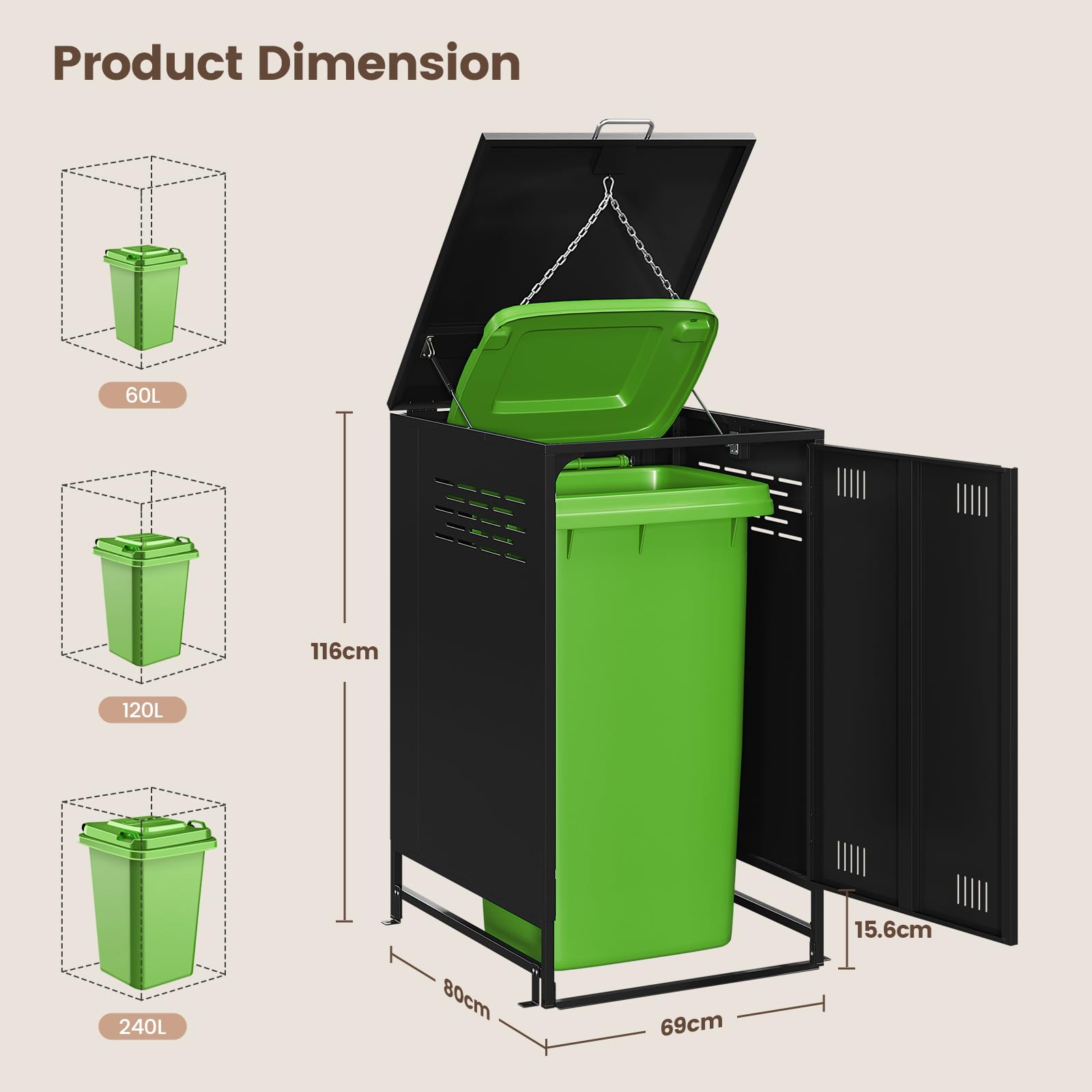 Mülltonnenbox Mülltonnenhaus Müllbox Mülltonnenverkleidung | 60 bis 240 Liter Tonnen Stahl 80Tx69Bx116H cm Schwarz