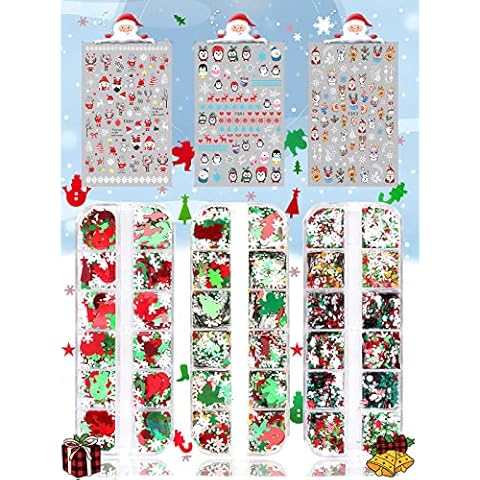 Christmas Nail Art Glitter Stickers Decoration Kit, Wsimily 3 Boxes Holographic Nail Sequins 3 Sheets Self-Adhesive 3D Nail Sticker Decals Snowflakes Snowman Penguin Design for DIY Christmas Supplies Cover