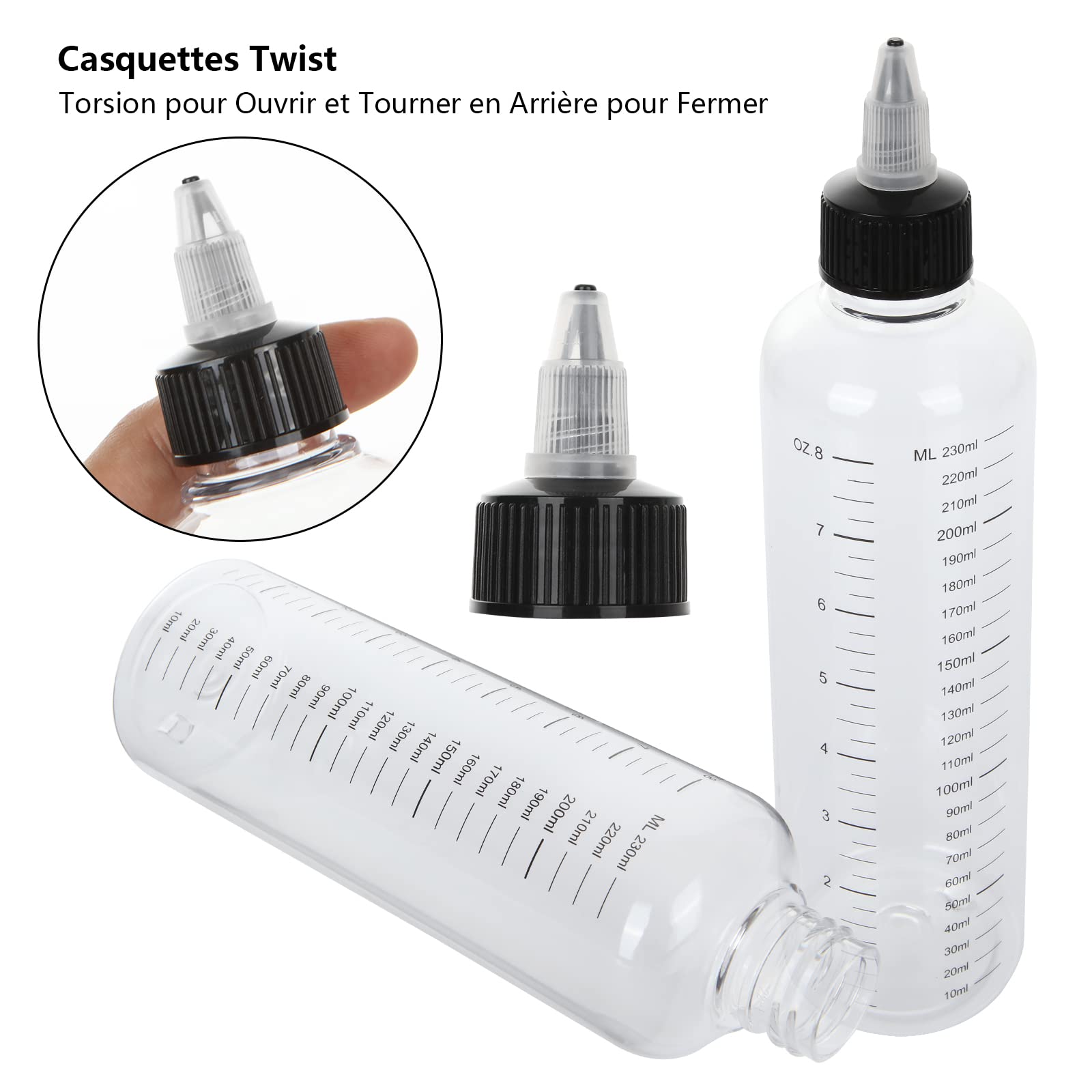 STARVAST 12 bottiglie di distribuzione da 250 ml, graduate con tappo a torsione nero, bottiglie di compressione vuote in plastica con scala per liquidi, inchiostri, oli