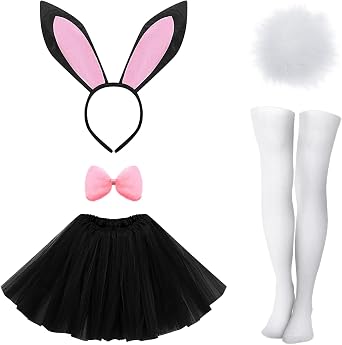 Yahenda 5 Pcs Easter Bunny Costume Set for Adult Bunny Ears Headband Rabbit Bowtie Tail Tutu Thigh High Stocking for Cosplay