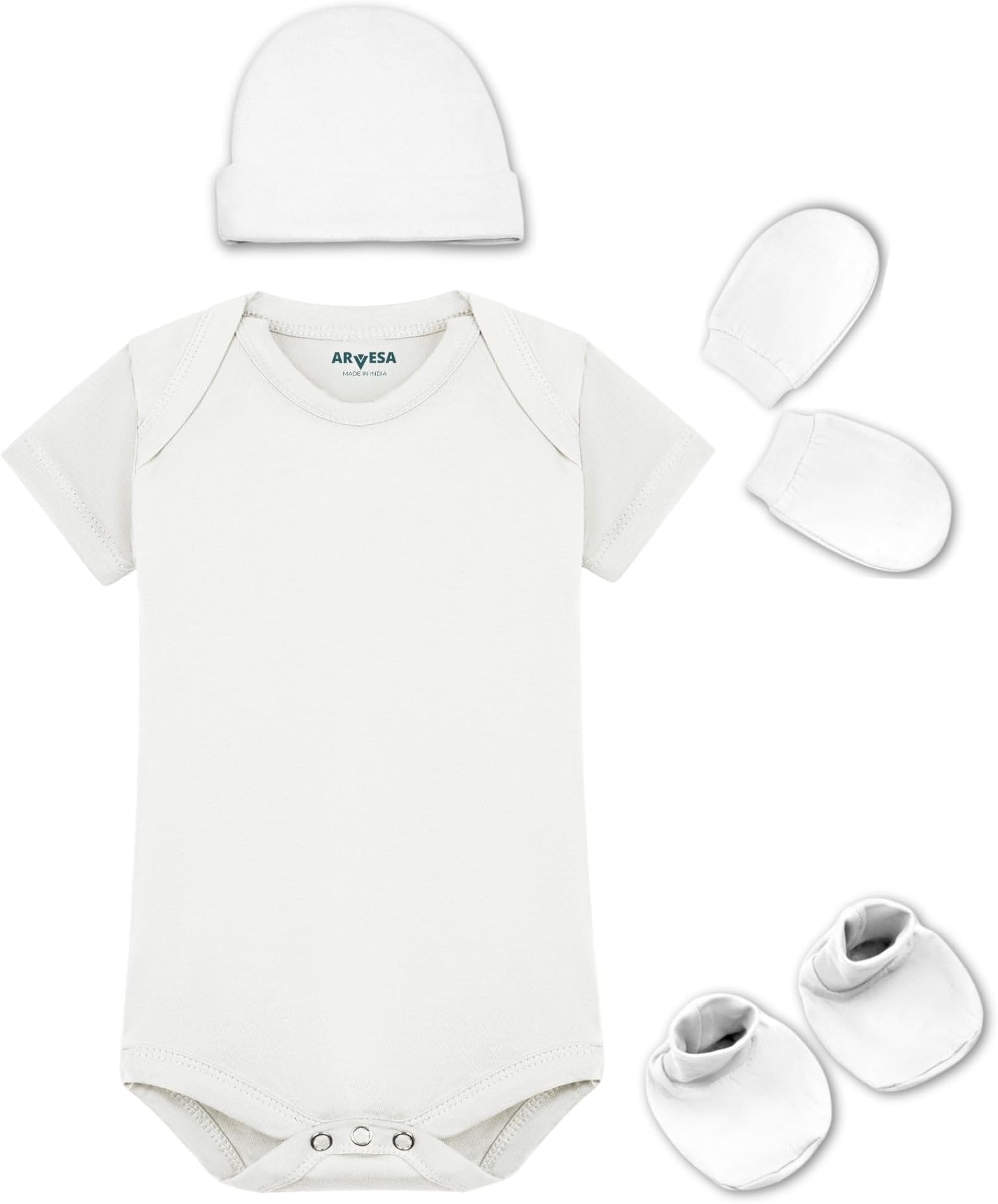 ARVESA 100% Cotton Biowash White Romper for Newborn Baby Romper Set with Cap Booties & Mittens 0โ6 Months