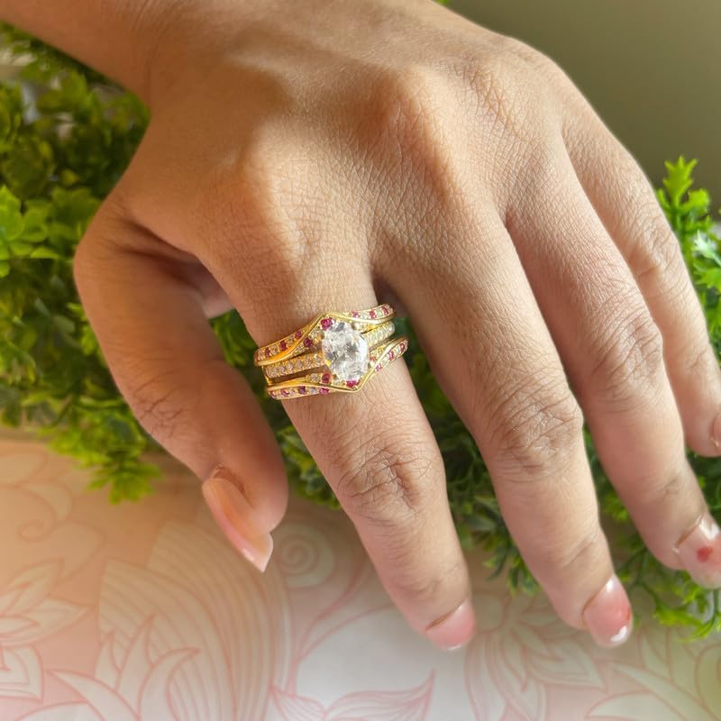 Red Ruby & White Diamond V Shaped Enhancer Guard For Women, 14k Gold Finish Ruby Anniversary Wrap Ring, Anniversary Band