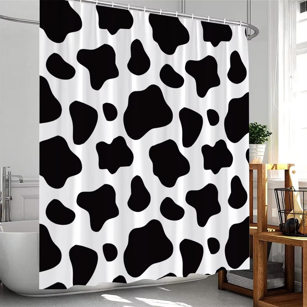 Cortina de Ducha 240x200 Diseño de Vaca En Blanco y Negro con Bonito Estampado Geométrico,Impermeable con Ganchos,Lavable y de Fácil Secado,Ideal para decoración de Bañera,240Anx200Al cm (1 Pan