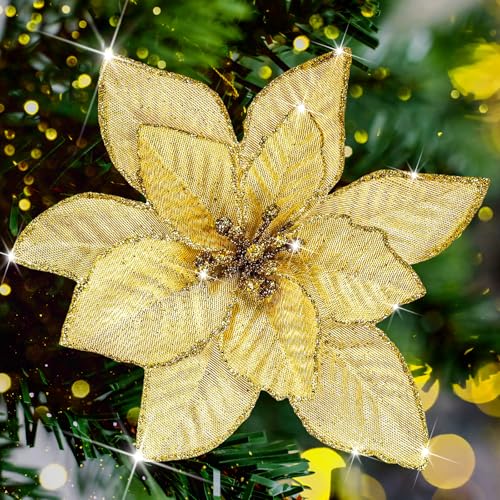 Lippbest 12Pcs Poinsettia Flower Artificial Poinsettia with Stem Christmas Decor Glitter Poinsettia Christmas Ornaments Christmas Tree Flower Decoration DIY Xmas Wreath Mantle Party Decor (Gold)