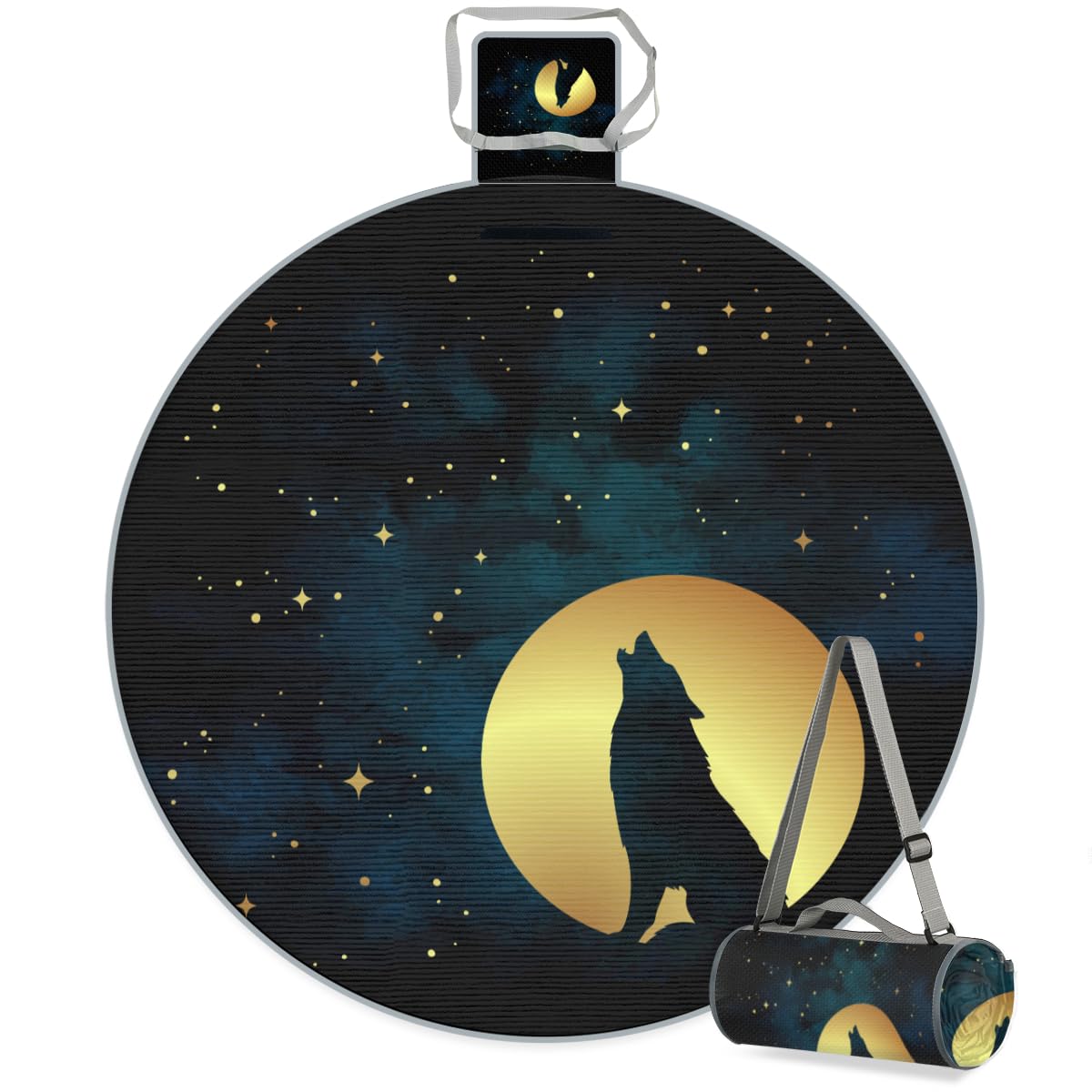 Shimoshe Starry Moon Wolf Picnic Outdoor Blanket Foldable Waterproof Sandproof Beach Blanket Portable Water-Resistant Round Picnic Mat for Travel Camping Park Lawn