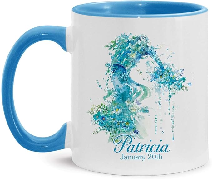 Customized Aquarius Zodiac Coffee Cup, Personalized Aquarius Constellation Ceramic Mug, Custom Name And Date Zodiac Cup, Floral Zodiac Sign Accent Mug 11oz 15oz, Gift For Birthday