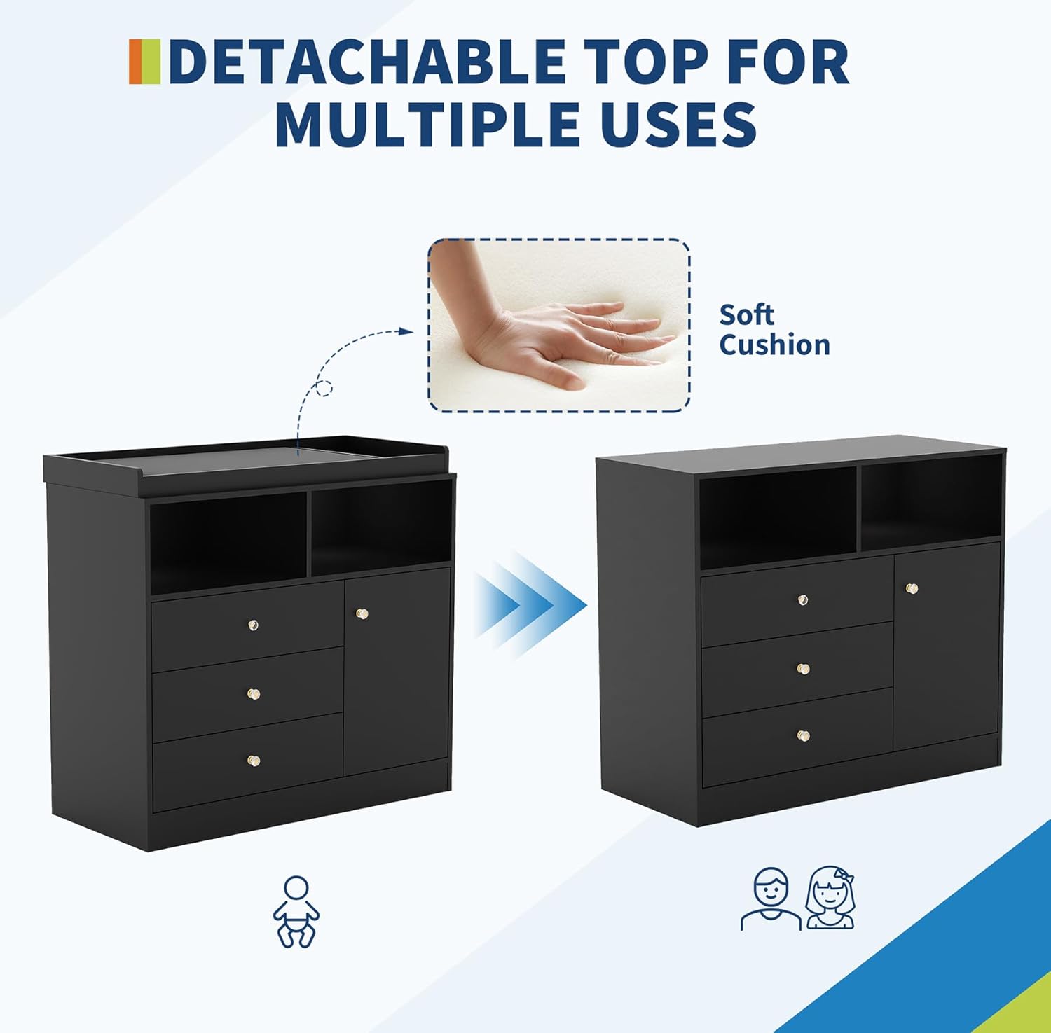 Patikuin Baby Dresser with Changing Table Top, Wooden Diaper Changing Station with 3 Drawers, Cabinet & 2 Open Compartments, Changing Table Dresser for Nursery, Bedroom(40''x18''x37''), Black