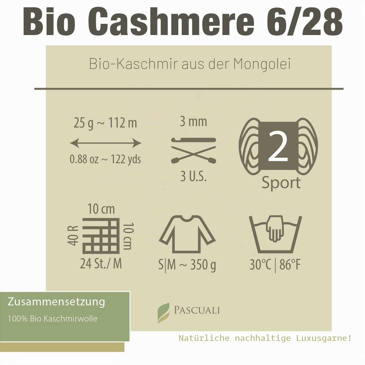 Pascuali Bio Cashmere 6/28. Strickwolle aus 100% Kaschmirwolle Wolle zum Stricken und Häkeln, 4 Knäuel - 100 g - Farbe:Rosenquarz 10