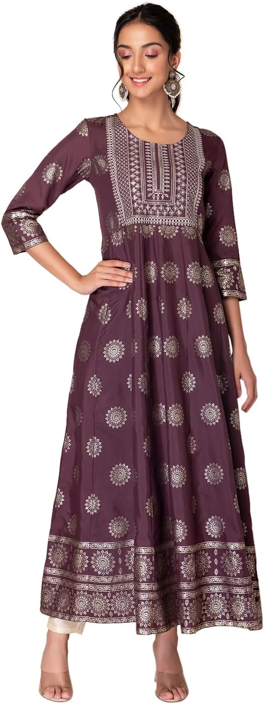 Indya Women's Poly Viscose Purple Boota Foil Print Embroidered Dress Standard Length