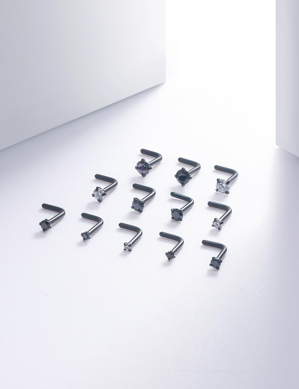 18G 20G Black Nose Rings Studs Piercing Jewelry for Women 316L Surgical Steel L Shaped Screw Straight Diamond CZ Nose Rings Studs Nostril Piercing Jewelry for Women Men Hypoallergenic - Image 3