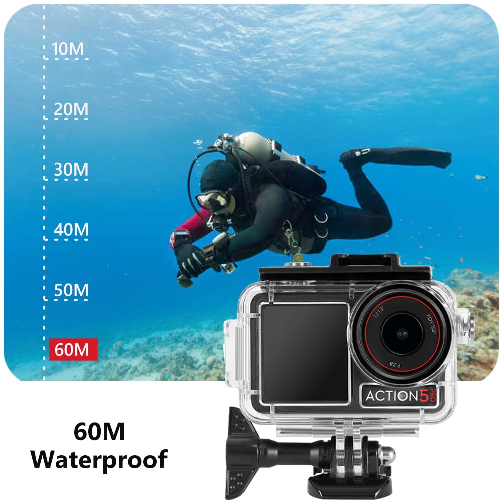 Custodia impermeabile per DJI Osmo Action 5 Pro/4/3, 60 M/196 FT Subacquea Custodia Subacquea, Montaggio Rapido Morsetto + 6 Inserti Antiappannamento per Osmo Action 5 Pro/4/3