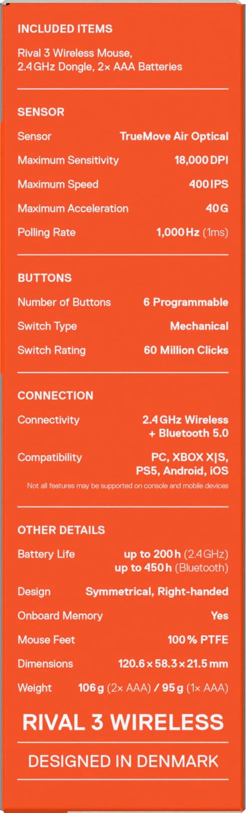 SteelSeries Rival 3 Wireless Gen 2 Gaming-Maus – 2,4 GHz Bluetooth – 18.000 DPI TrueMove Air-Optiksensor – 60 Mio. Klicks – PTFE-Gleitfüße – Schwarz