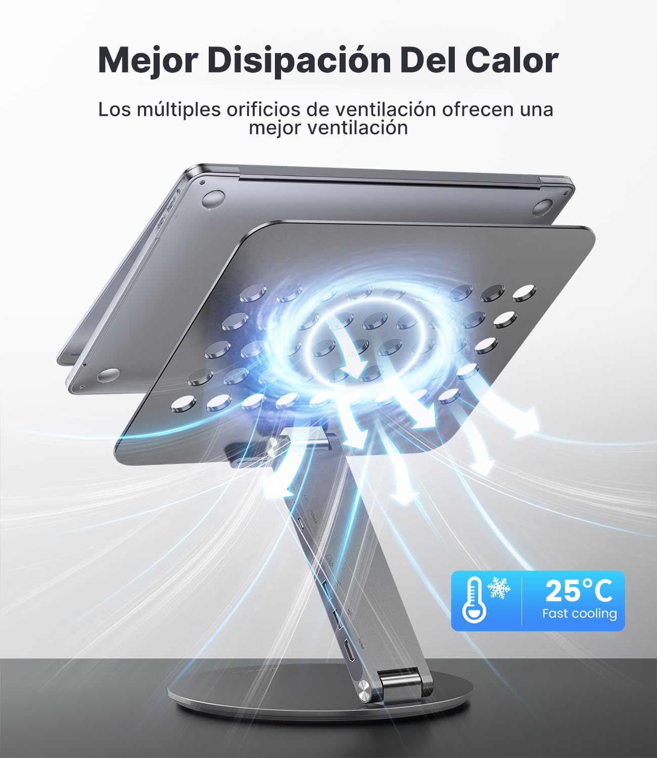 KU XIU Soporte Ajustable Portátil con Estación de Acoplamiento 8-en-1 | Soporte Aluminio con Hub USB, Base Giratoria de 360°, Doble Pantalla 4K USB3.0 PD100W Para todos los portátiles de 10-17''