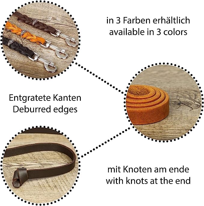 Laisse pour chien en cuir tressé léger 15 m pour petits chiens – Laisse de remorquage [sans dragonne] Laisse en cuir de vachette robuste avec mousqueton chromé 8 mm Marron