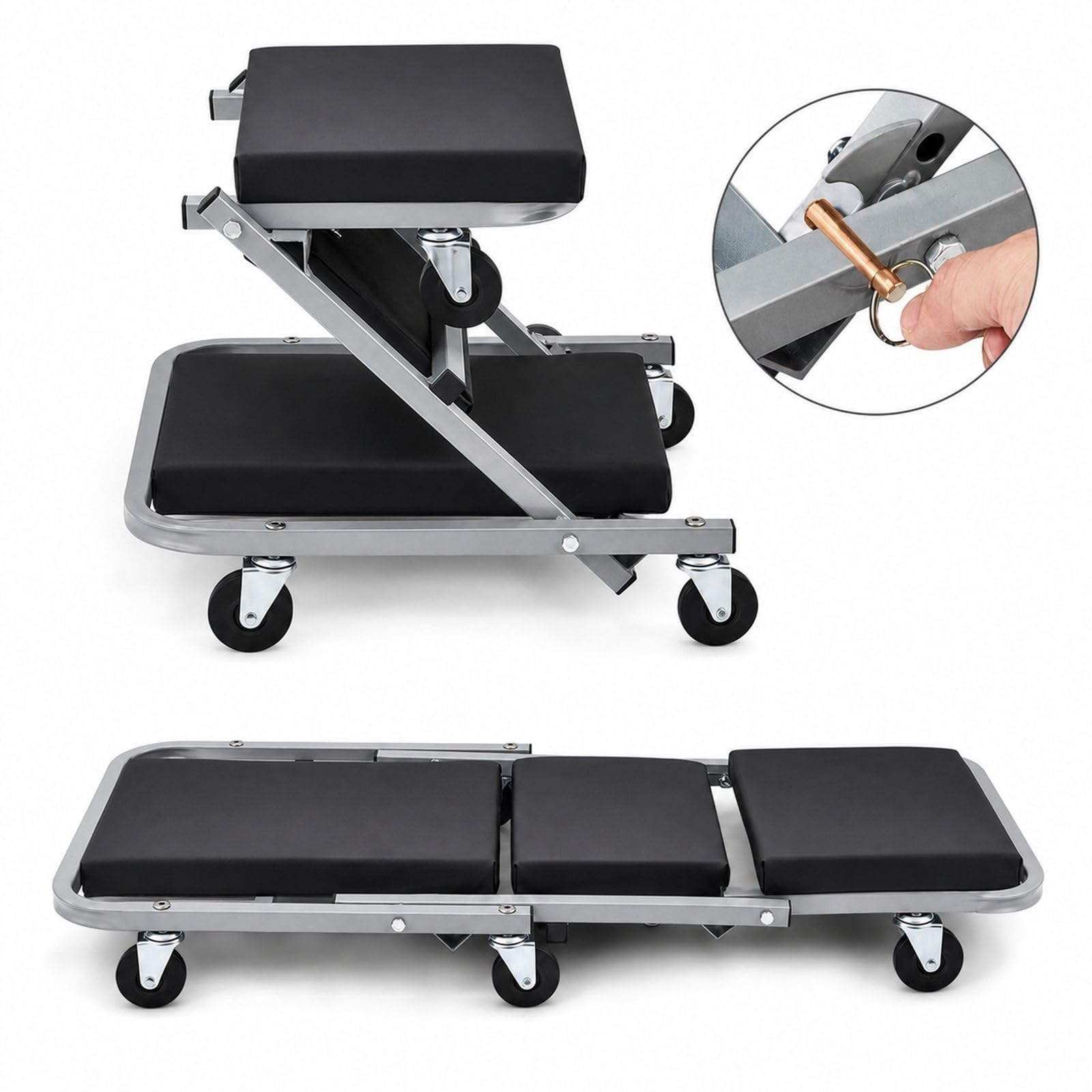 Chariot de Visite mécanicien 2 en 1 et Tabouret d'atelier Pliable avec 6 Roues pour Garage et réparation Automobile