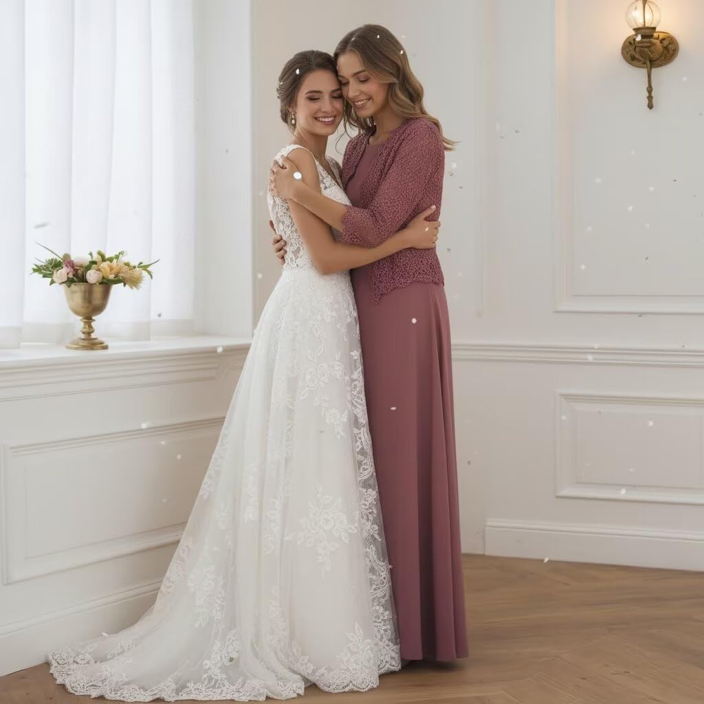 Mother of The Bride Dresses with Jacket 2Pcs Lace Chiffon Tea Length 3/4 Sleeve Formal Dress for Women Wedding Guest