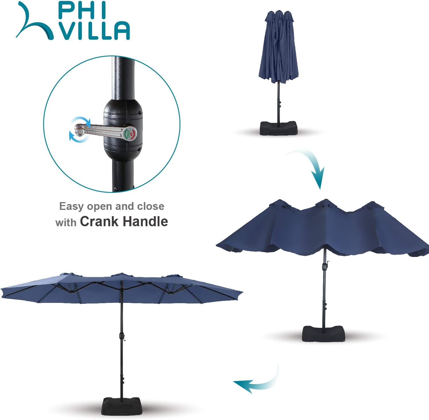 PHI VILLA 15ft Large Patio Umbrella Double-Sided Outdoor Market Pool Umbrellas with Crank, Umbrella Base (Stand) Included(Blue)