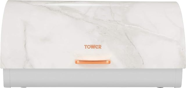 Tower T826003WR Roll Top Bread Bin, Stainless Steel, White Marble and Rose Gold