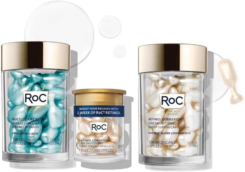 Retinol Correxion Anti-Aging Wrinkle Night Serum (30 CT) + RoC Multi Correxion Hyaluronic Acid Night Serum Capsules (30 CT) & sample, Skin Care Routine Bundle