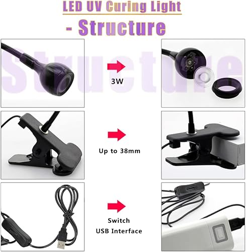 Miniatura 5 de ASHATA Lámpara, 3W 5V 395nm luz con y abrazadera, luz multi USB para curado de pegamento de uñas, reparación de teléfonos móviles, curado de resina,
