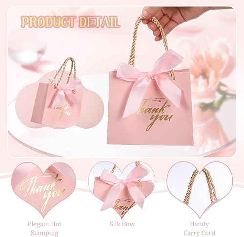 Miniatura 7 de Colarr 120 bolsas pequeñas de regalo de agradecimiento rosadas a granel, mini bolsas de regalo de fiesta con asas y lazo de cinta, bolsas de papel