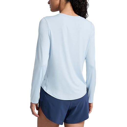 CRZ YOGA Lightweight Long Sleeve Workout Shirts for Women UPF 50+ Running Fall Shirt High Neck Athletic Training Tops Blue Linen Medium