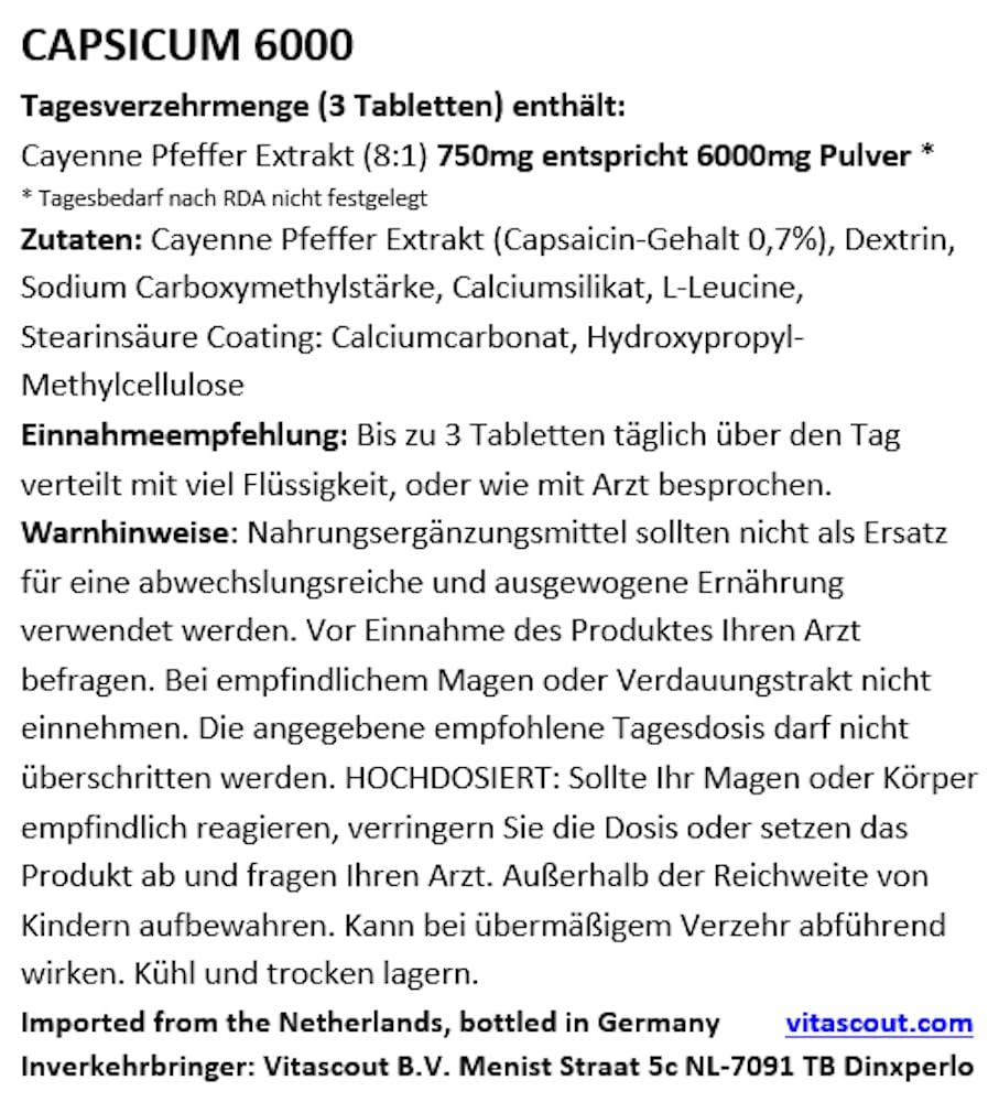 CAPSICUM 6000 Extrakt 1000 Tabletten - Capsaicin aus Cayenne-Pfeffer - Extrakt 8:1 - Chili POWER - F-BURNER - Diät Unterstützung & (Fett) Stoffwechsel