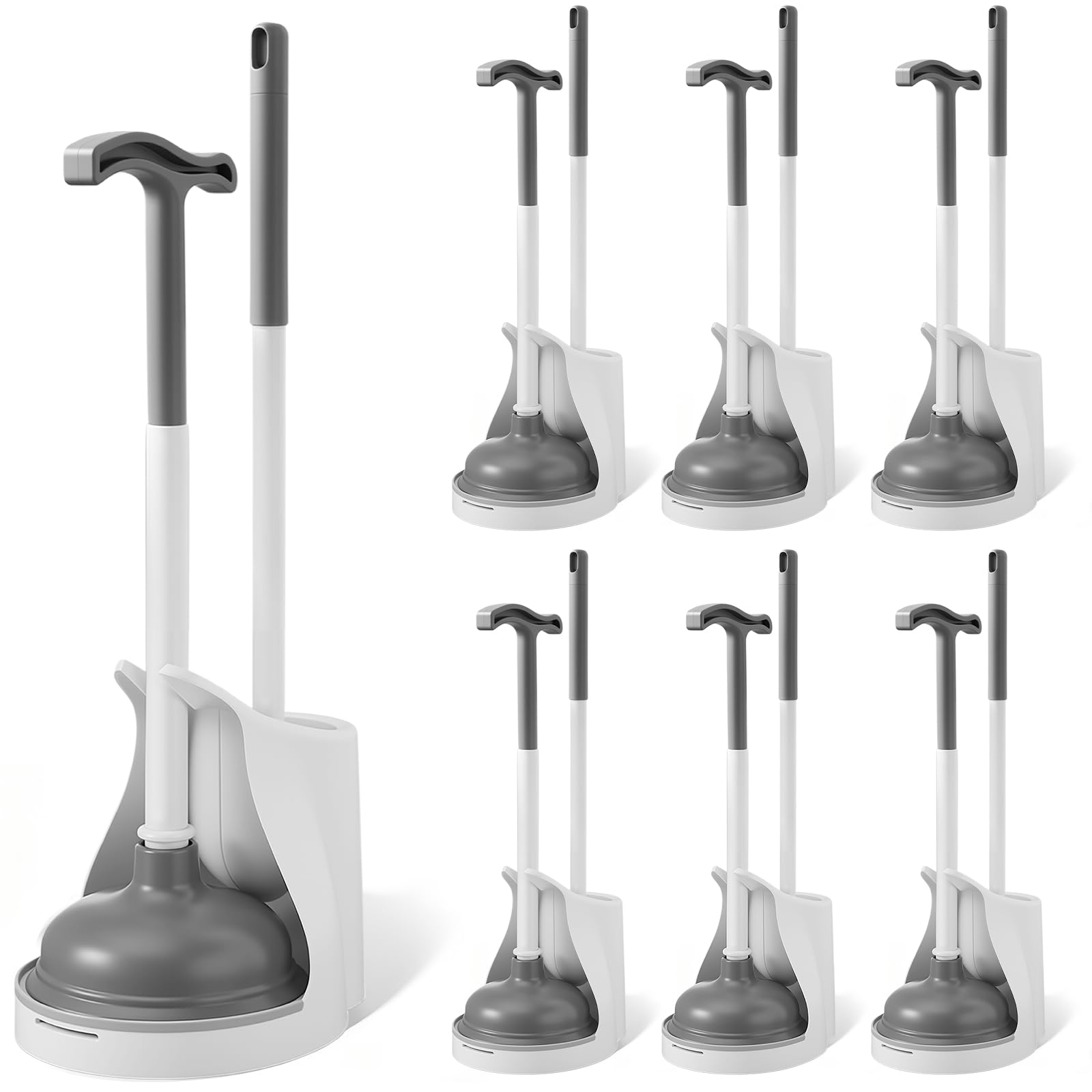 Reallnaive Juego de 6 escobillas de inodoro y émbolo de 22 pulgadas, mango extendido, cepillo de inodoro resistente con soporte, herramientas de baño, kit de suministros de limpieza profesional para