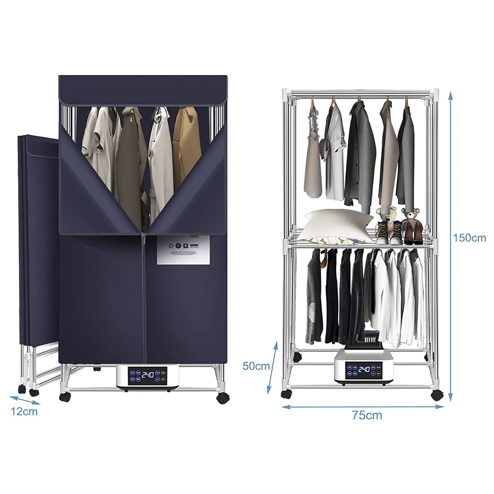 Asciugabiancheria Elettrica Portatile con Timer, Stendino Elettrico 1200W Basso Consumo, Stendibiancheria Elettrico Armadio Pieghevole a 2 Livelli, Protezione da Surriscaldamento,Grigio,H150cm