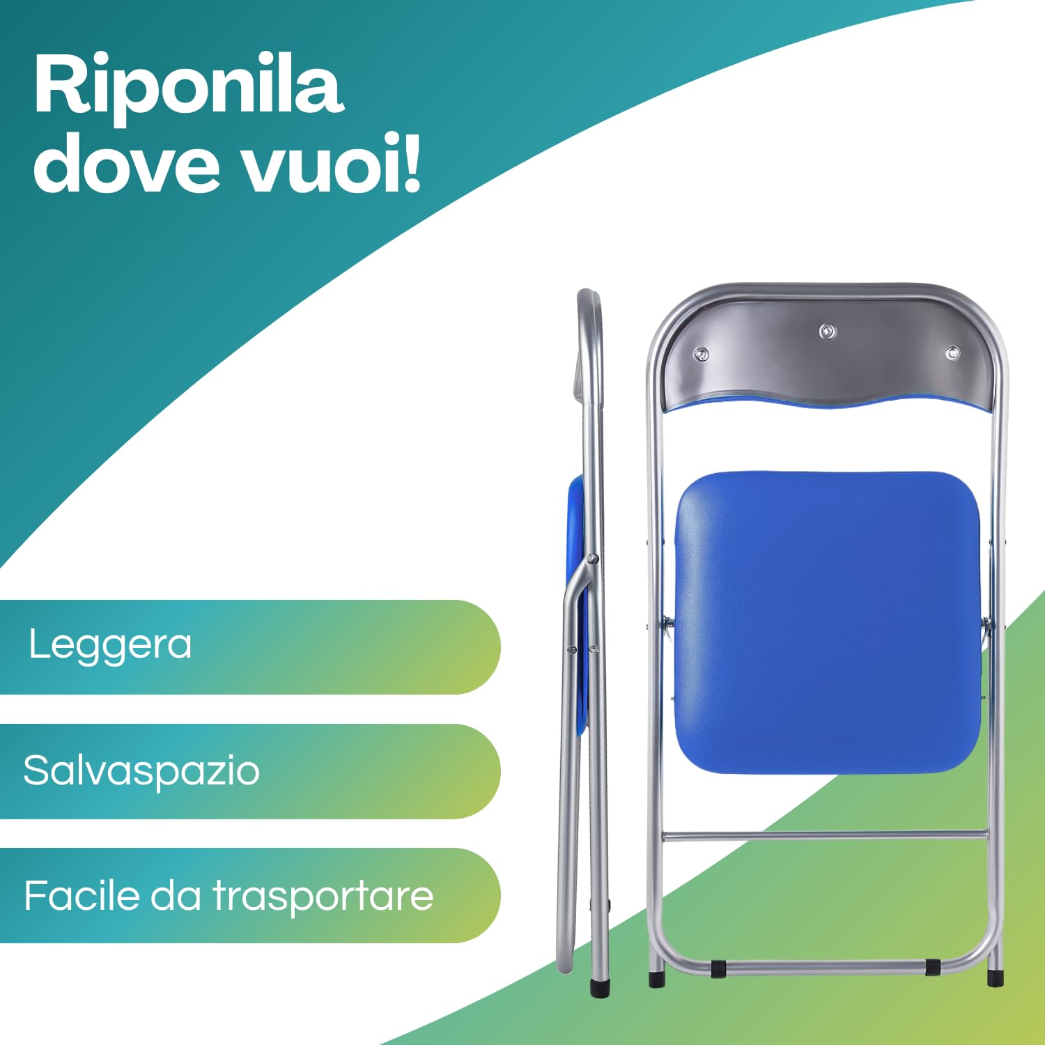 VIRSUS Sedia pieghevole colore BLU 344, misura aperta 44x48x78 cm, sedie salvaspazio, seduta in PVC Imbottita, piedi antiscivolo, per giardino, cucina, ufficio, campeggio (1)
