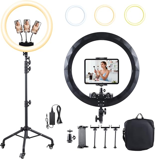 Large Ring Light with Stand, 19" Ring Light with 75" Tripod & Wheels, 6500K Dimmable Ringlight for ipad Phone Holder, Selfie Light for Live Tattoo Makeup Barber Video Recording Photography Lighting