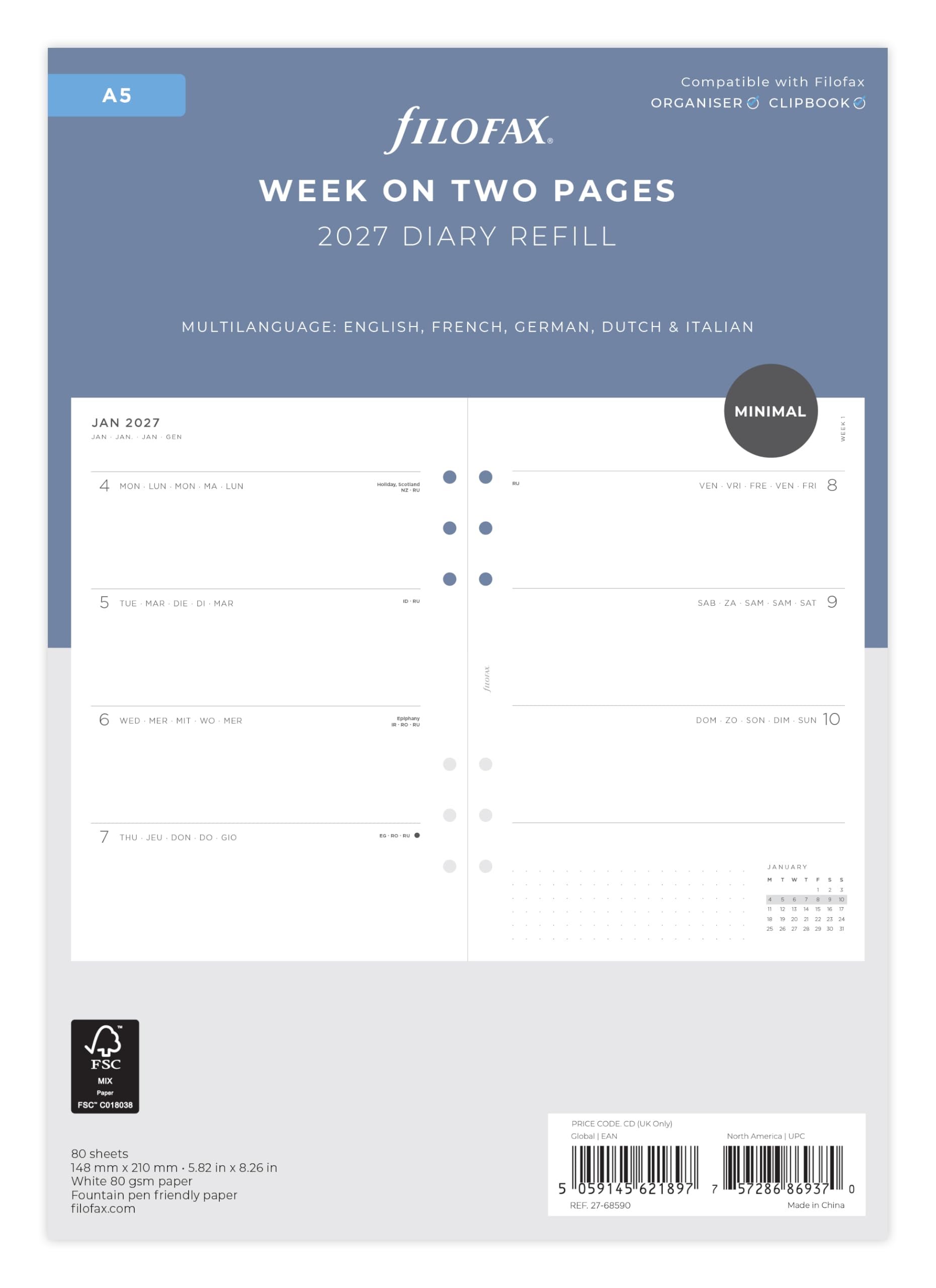 Filofax A5 Minimal Week on two pages 2027 diary 27-68590