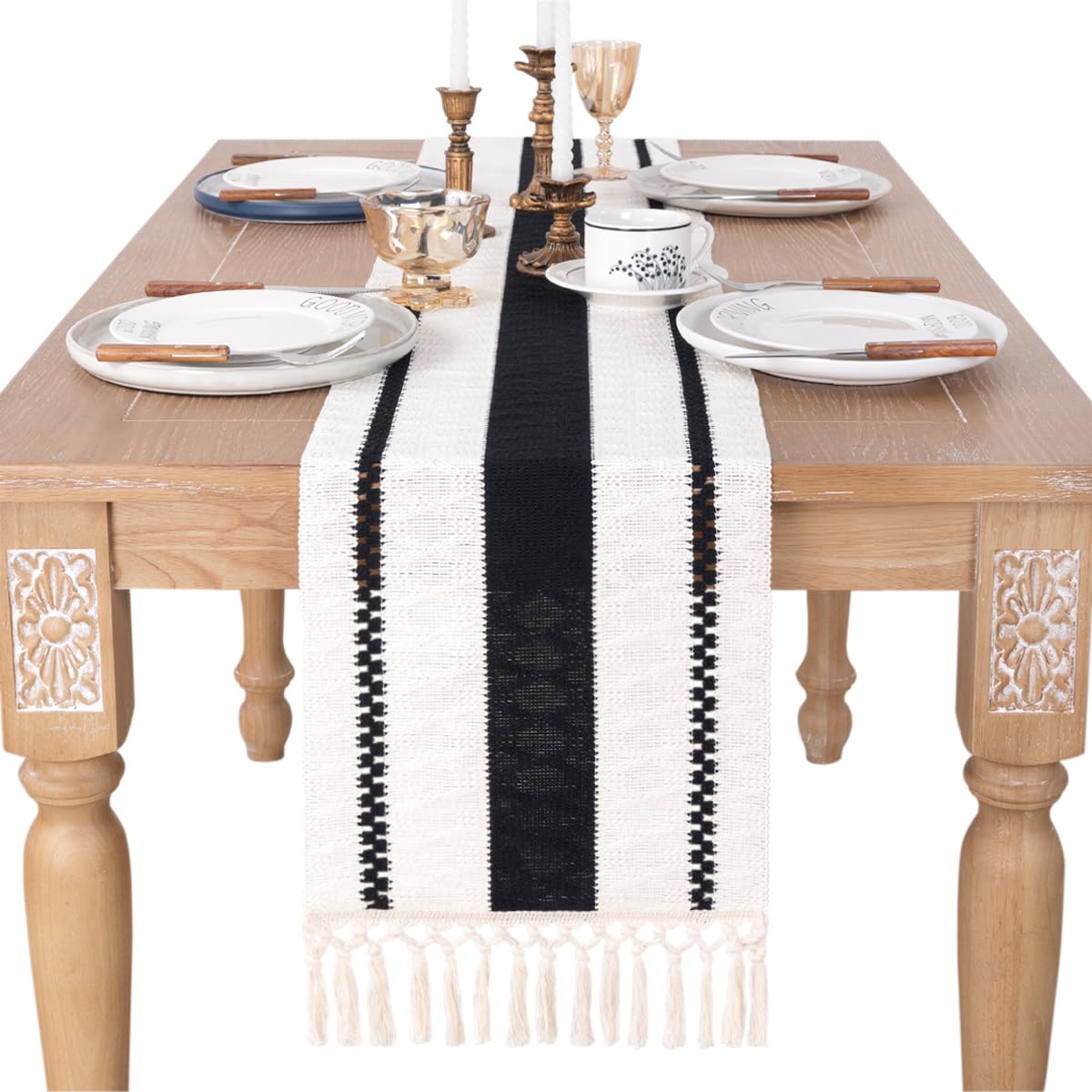 SocomiBoho Table Runner Macrame Farmhouse Woven Cotton Linen Rustic Table Runner with Handmade Tassels for Dinning Home Decor Fall Thanksgiving Christmas Bridal Shower 13x90 inches Black
