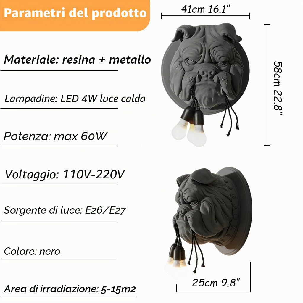 Applique da parete Bulldog francese E26 Applique in resina Bulldog Lanterna da parete creativa Illuminazione a parete a forma di testa di animale per studio Sala da pranzo Bar (Colore: Nero)