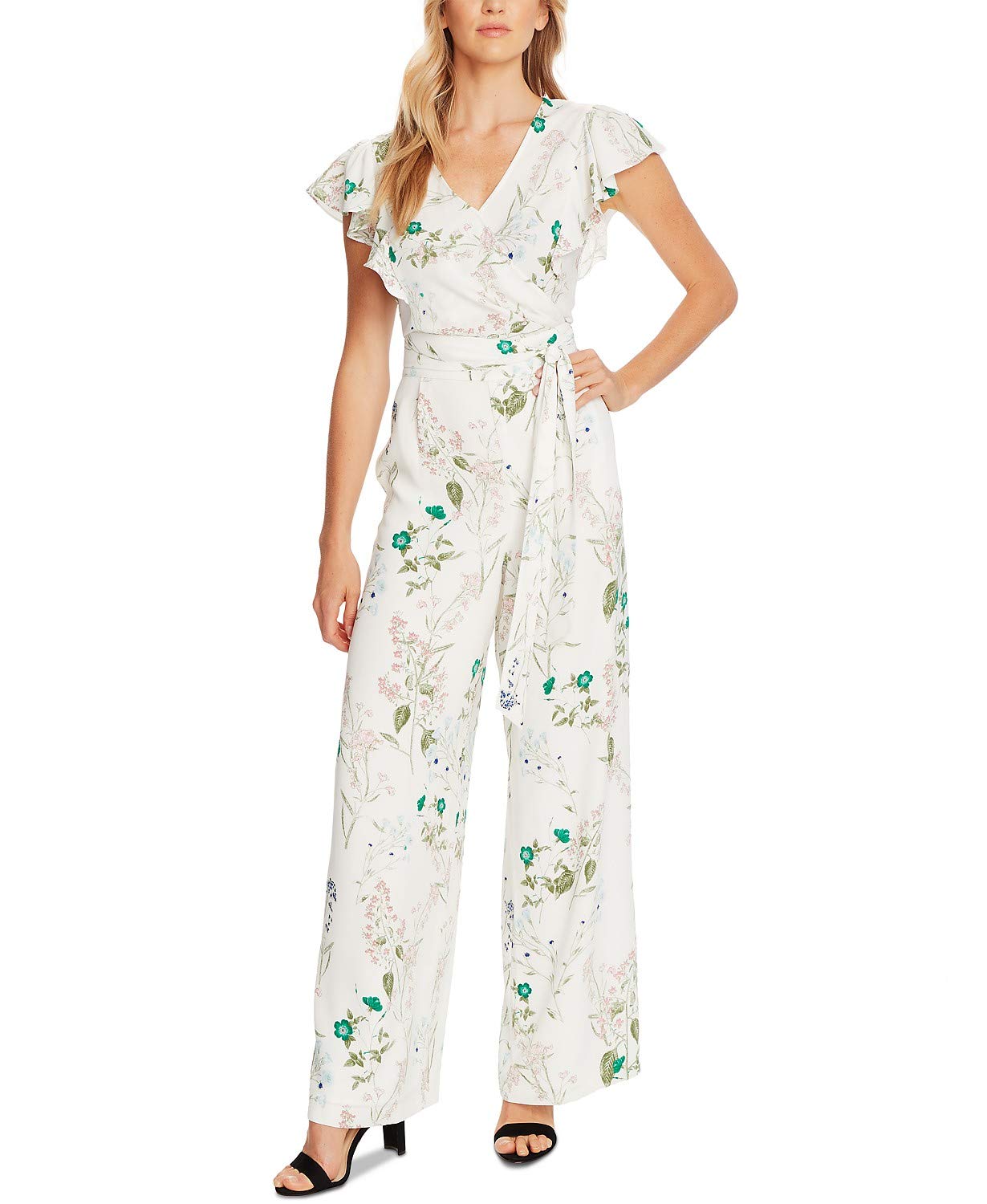 CeCe Floral Flutter-Sleeve Tie-Waist Jumpsuit Soft Ecru 8