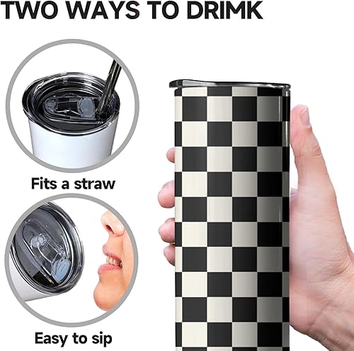 Miniatura 3 de Ceovfoi Vaso a cuadros blanco y negro de 20 onzas con tapa de asa y pajilla, vaso a cuadros, botella de agua, taza de café de viaje, taza de café,